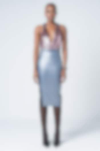 Steel Blue Denim & Faux Leather High-Waisted Skirt by Sameer Madan at Pernia's Pop Up Shop