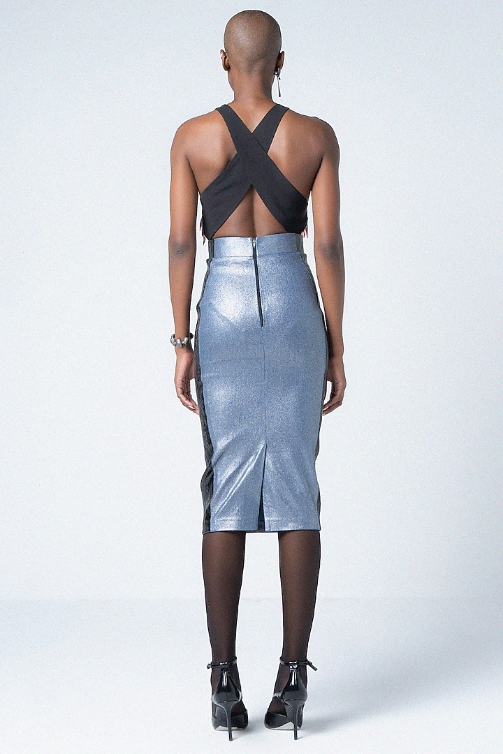 Steel Blue Denim & Faux Leather High-Waisted Skirt by Sameer Madan at Pernia's Pop Up Shop