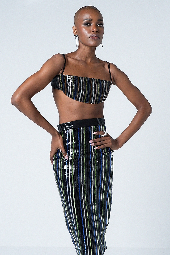 Black Faux Leather Hand Embroidered Skirt by Sameer Madan at Pernia's Pop Up Shop