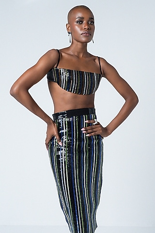 Black Faux Leather Hand Embroidered Skirt by Sameer Madan