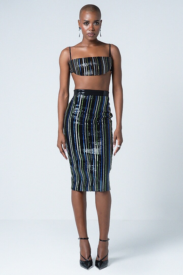Black Faux Leather Hand Embroidered Skirt by Sameer Madan at Pernia's Pop Up Shop
