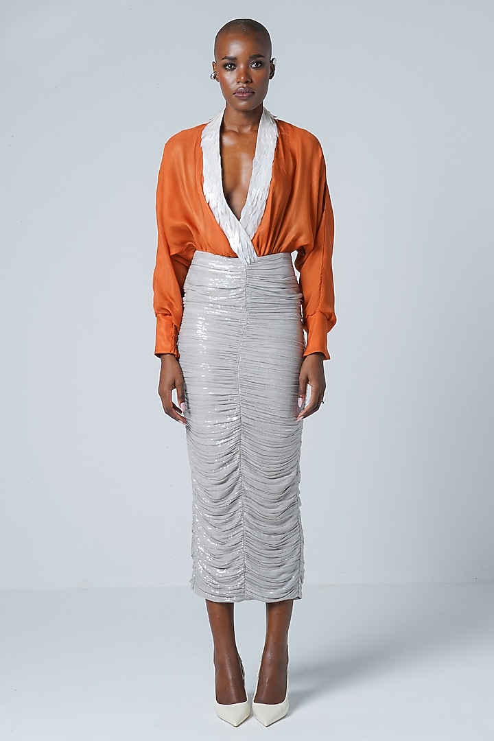 Grey Sequins Fabric Skirt by Sameer Madan at Pernia's Pop Up Shop