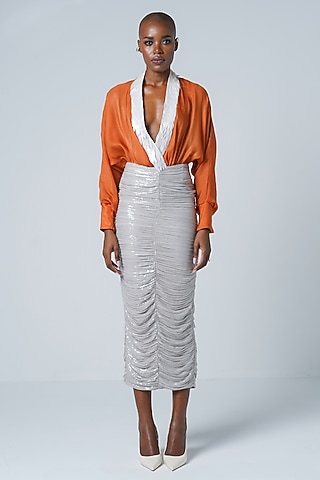 Grey Sequins Fabric Skirt by Sameer Madan