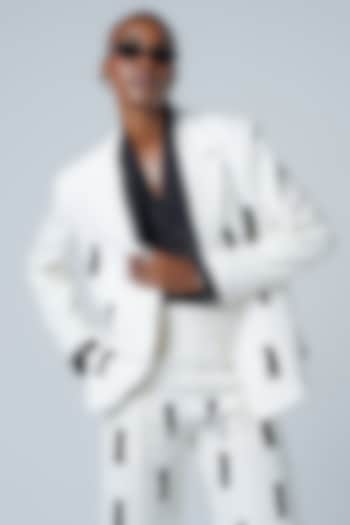 White Twill & Faux Leather Embellished Blazer by Sameer Madan at Pernia's Pop Up Shop