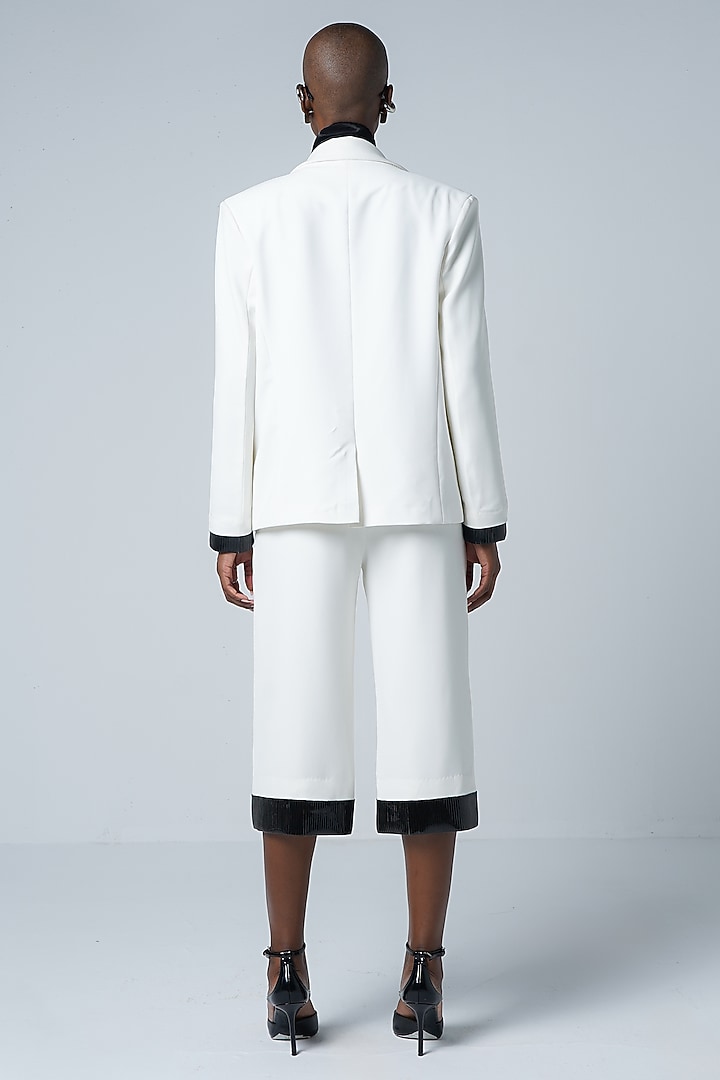 White Twill & Faux Leather Embellished Blazer by Sameer Madan at Pernia's Pop Up Shop