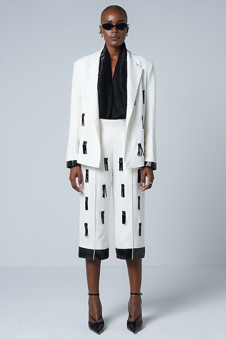 White Twill & Faux Leather Embellished Blazer by Sameer Madan at Pernia's Pop Up Shop