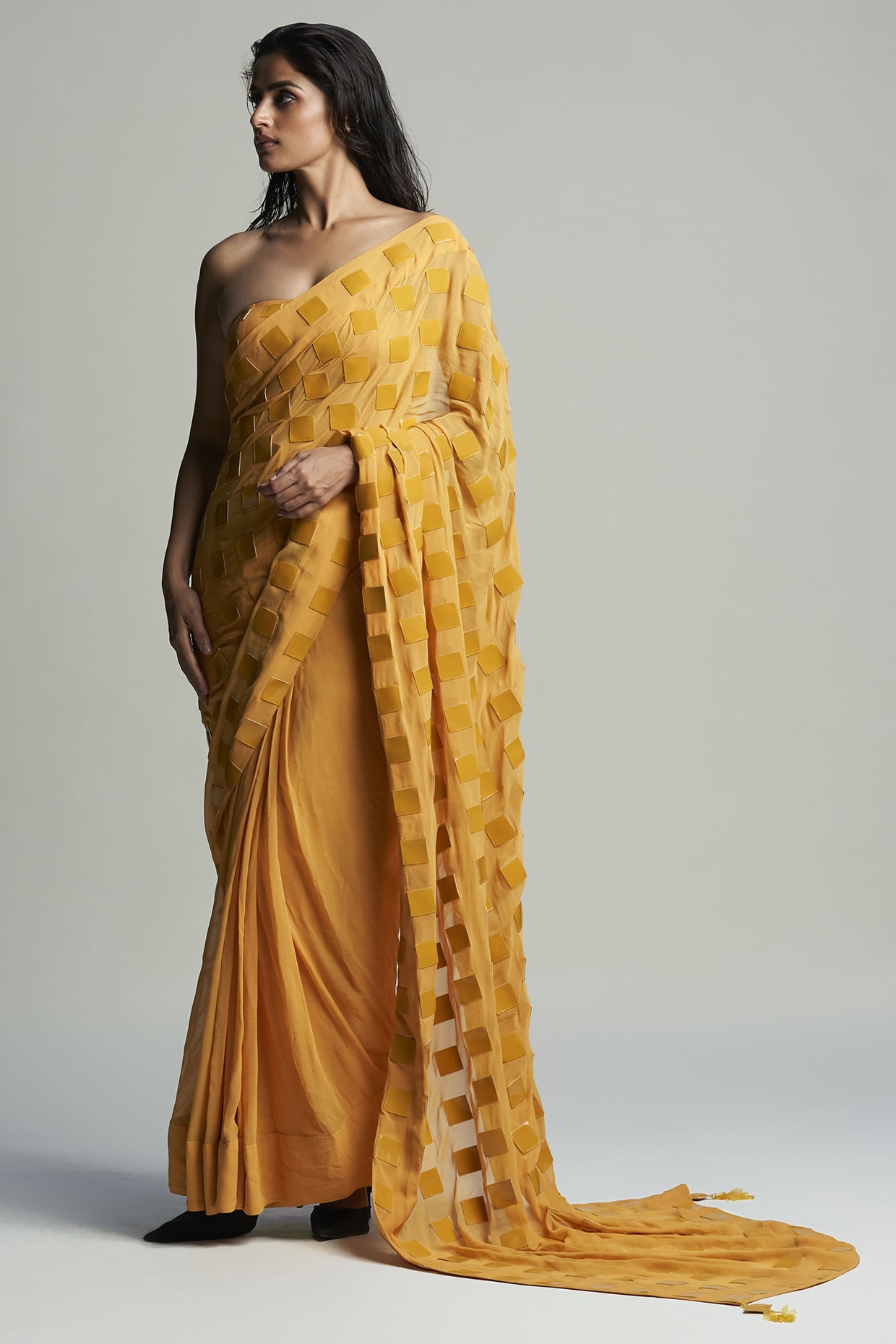 Sameer Madan Yellow Georgette Applique Embroidered Draped Saree Set