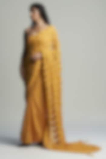 Yellow Georgette Applique Embroidered Draped Reception Saree Set by Sameer Madan at Pernia's Pop Up Shop