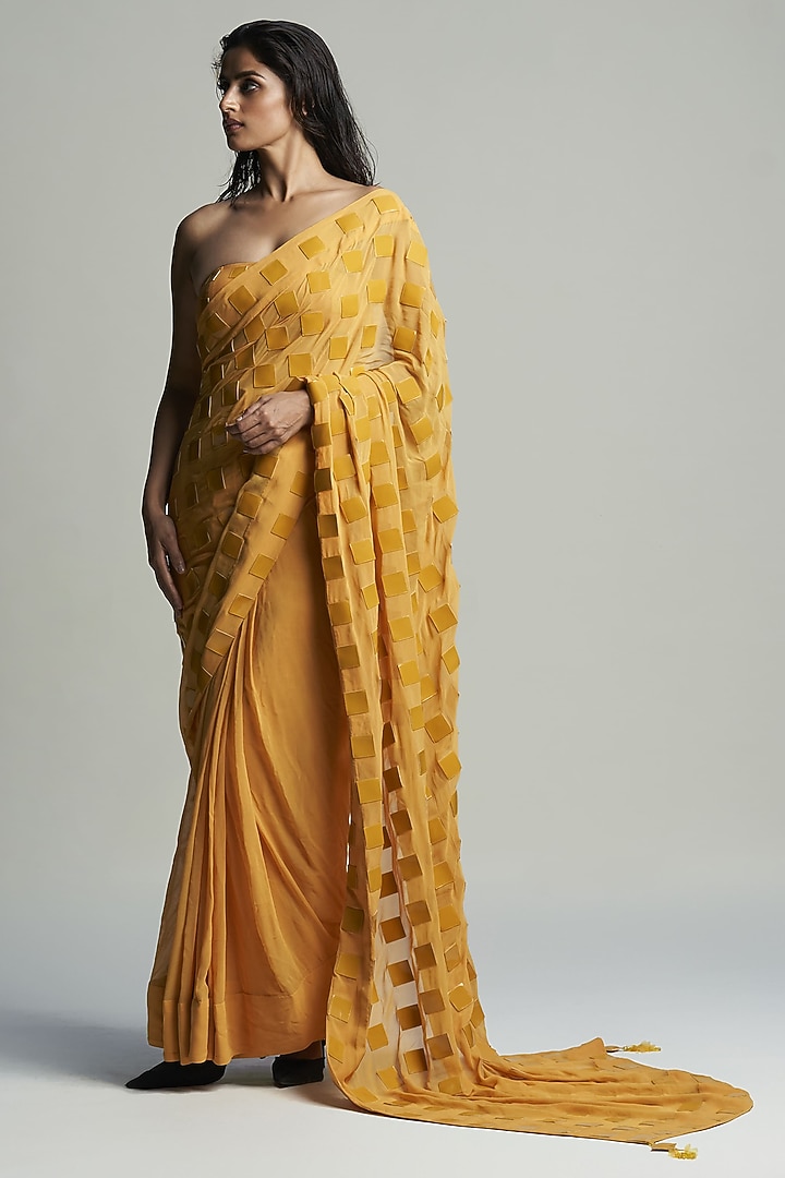 Yellow Georgette Applique Embroidered Draped Reception Saree Set by Sameer Madan at Pernia's Pop Up Shop