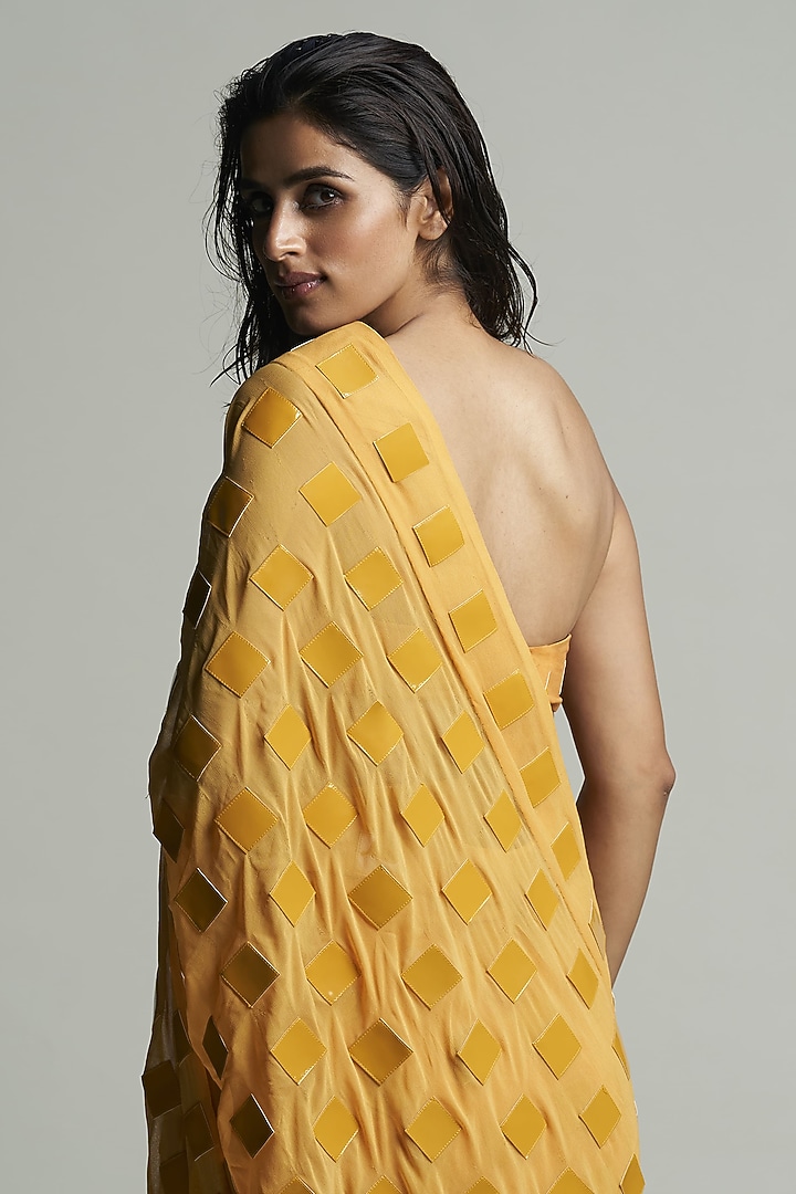 Yellow Georgette Applique Embroidered Draped Reception Saree Set by Sameer Madan at Pernia's Pop Up Shop