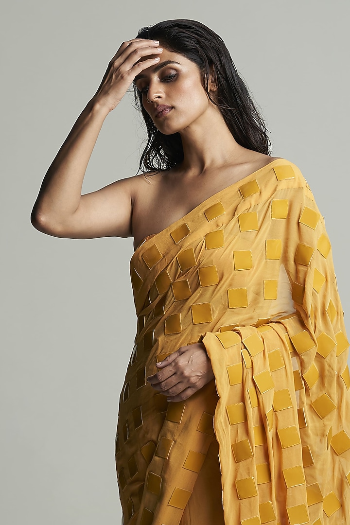 Yellow Georgette Applique Embroidered Draped Reception Saree Set by Sameer Madan at Pernia's Pop Up Shop