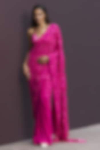 Hot Pink Georgette Hand-Cut Applique Embroidered Draped Reception Saree Set by Sameer Madan at Pernia's Pop Up Shop