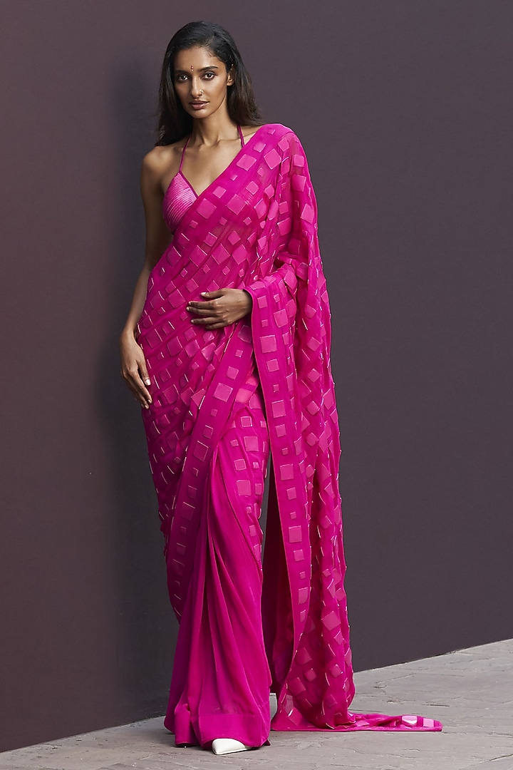 Hot Pink Georgette Hand-Cut Applique Embroidered Draped Reception Saree Set by Sameer Madan at Pernia's Pop Up Shop