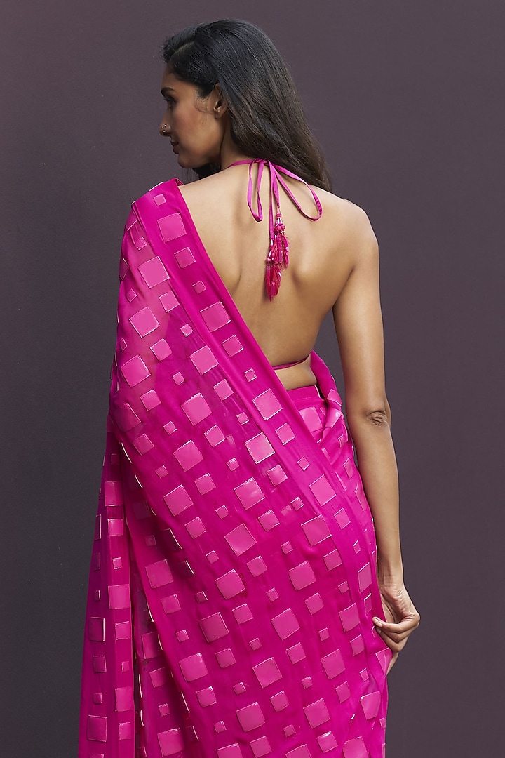 Hot Pink Georgette Hand-Cut Applique Embroidered Draped Reception Saree Set by Sameer Madan at Pernia's Pop Up Shop