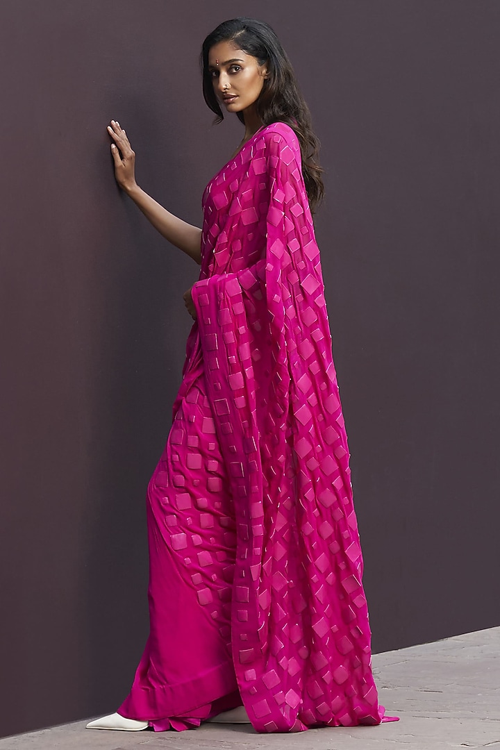 Hot Pink Georgette Hand-Cut Applique Embroidered Draped Reception Saree Set by Sameer Madan at Pernia's Pop Up Shop