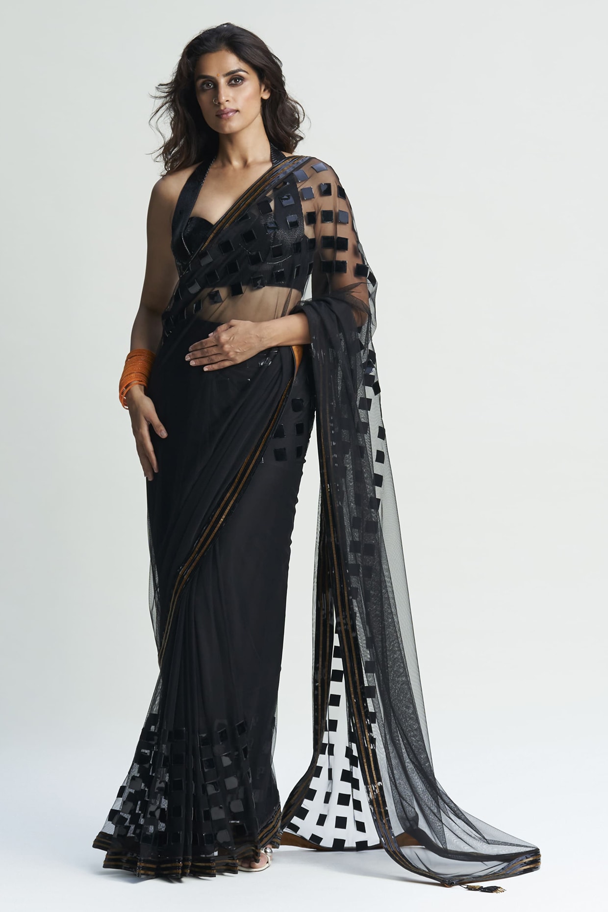 Sameer Madan Black Net & Faux Leather Applique Embroidered Draped Saree Set