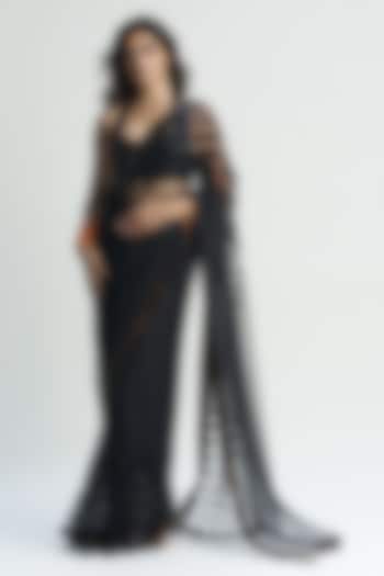 Black Net & Faux Leather Applique Embroidered Draped Reception Saree Set by Sameer Madan at Pernia's Pop Up Shop