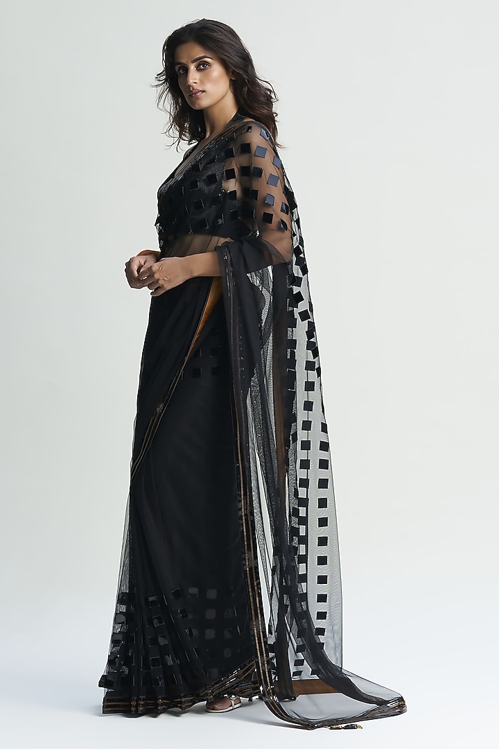 Black Net & Faux Leather Applique Embroidered Draped Reception Saree Set by Sameer Madan at Pernia's Pop Up Shop