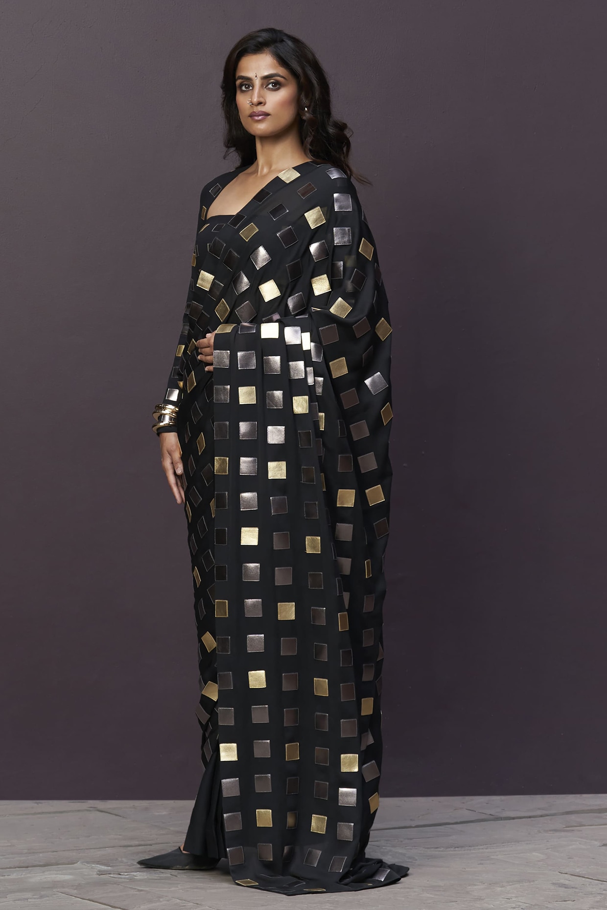 Sameer Madan Black Georgette Applique Embroidered Draped Saree Set