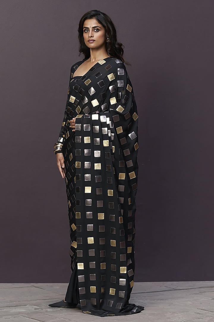 Black Georgette Applique Embroidered Draped Reception Saree Set by Sameer Madan at Pernia's Pop Up Shop