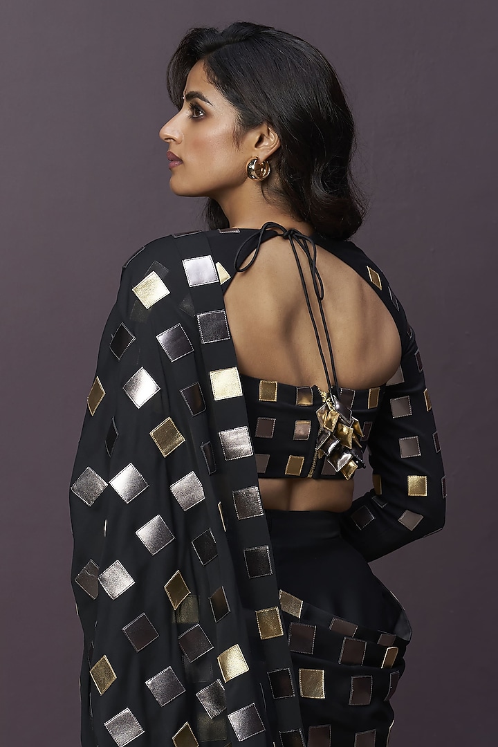 Black Georgette Applique Embroidered Draped Reception Saree Set by Sameer Madan at Pernia's Pop Up Shop