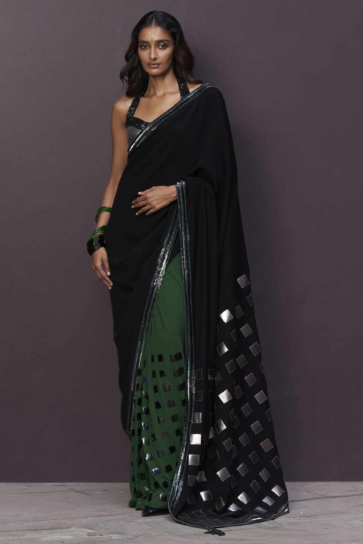 Sameer Madan Black & Green Crepe Applique Embroidered Draped Saree Set