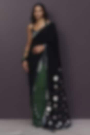 Black & Green Crepe Applique Embroidered Draped Reception Saree Set by Sameer Madan at Pernia's Pop Up Shop