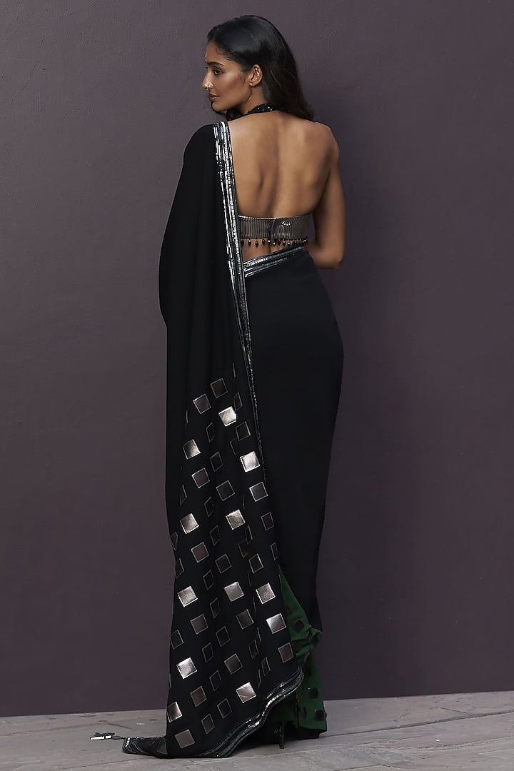 Black & Green Crepe Applique Embroidered Draped Reception Saree Set by Sameer Madan at Pernia's Pop Up Shop