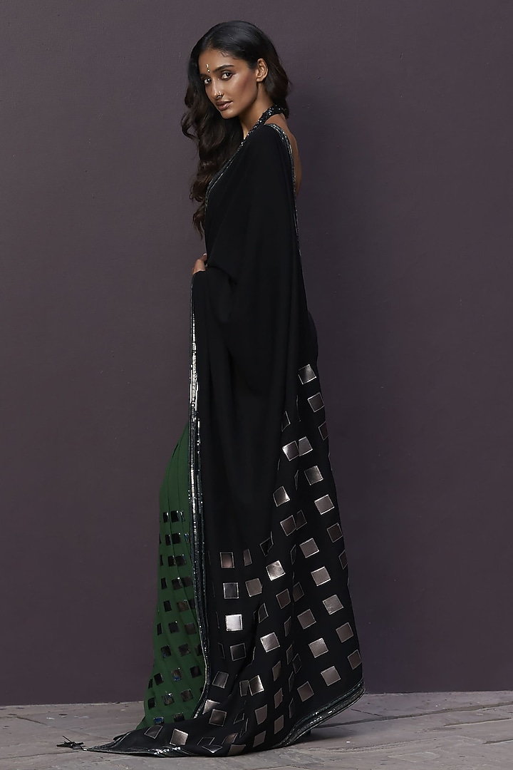 Black & Green Crepe Applique Embroidered Draped Reception Saree Set by Sameer Madan at Pernia's Pop Up Shop