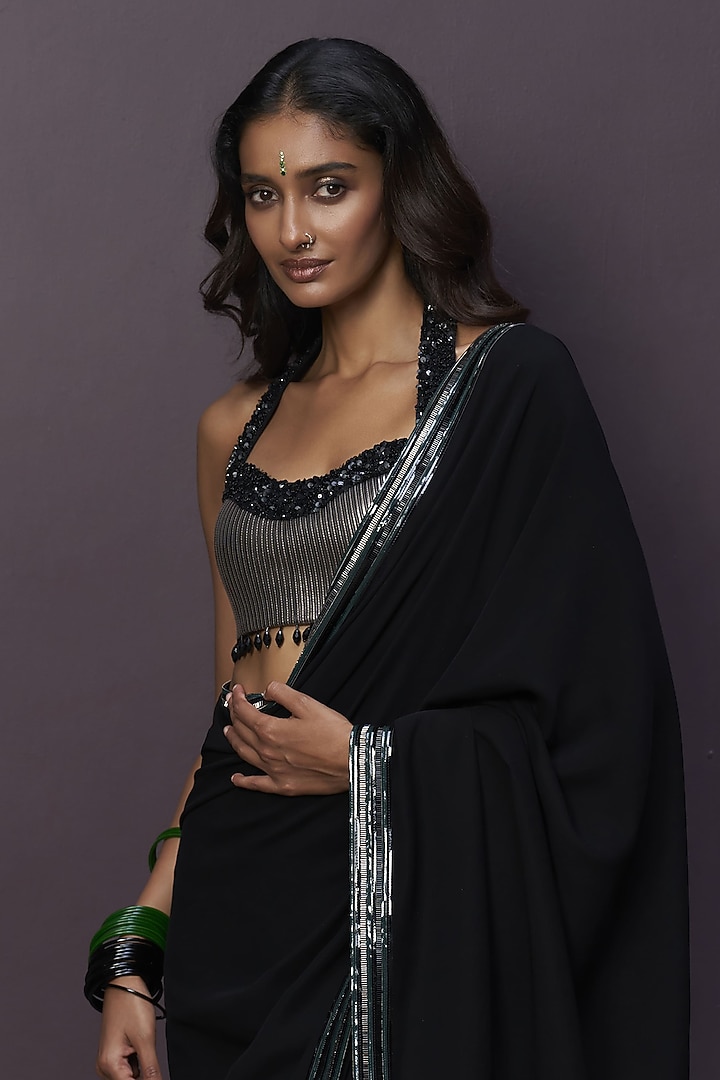 Black & Green Crepe Applique Embroidered Draped Reception Saree Set by Sameer Madan at Pernia's Pop Up Shop
