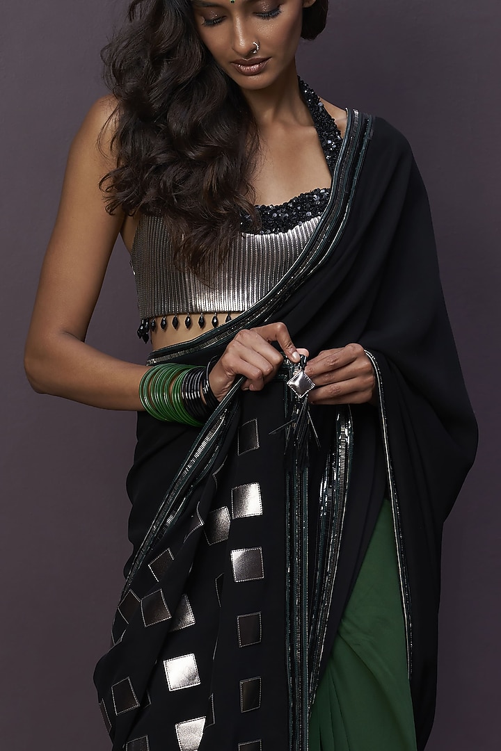 Black & Green Crepe Applique Embroidered Draped Reception Saree Set by Sameer Madan at Pernia's Pop Up Shop