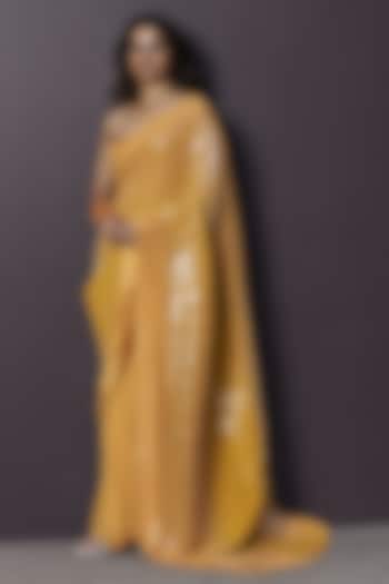 Yellow Georgette & Sequins Embroidered Draped Reception Saree Set by Sameer Madan at Pernia's Pop Up Shop