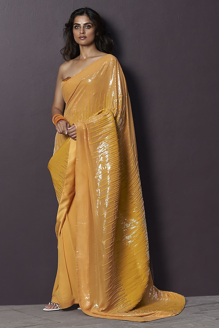 Yellow Georgette & Sequins Embroidered Draped Reception Saree Set by Sameer Madan at Pernia's Pop Up Shop
