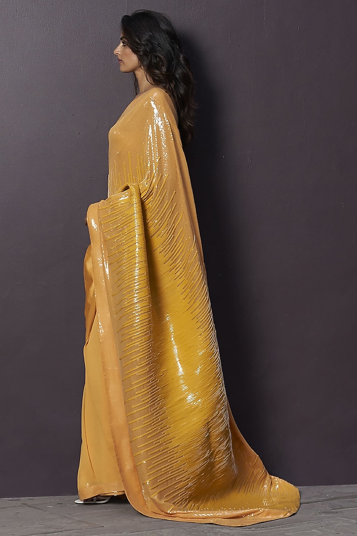Yellow Georgette & Sequins Embroidered Draped Reception Saree Set by Sameer Madan at Pernia's Pop Up Shop