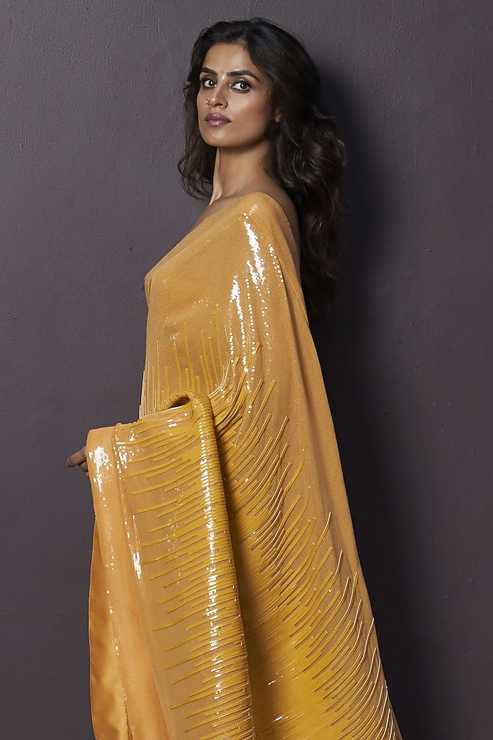 Yellow Georgette & Sequins Embroidered Draped Reception Saree Set by Sameer Madan at Pernia's Pop Up Shop