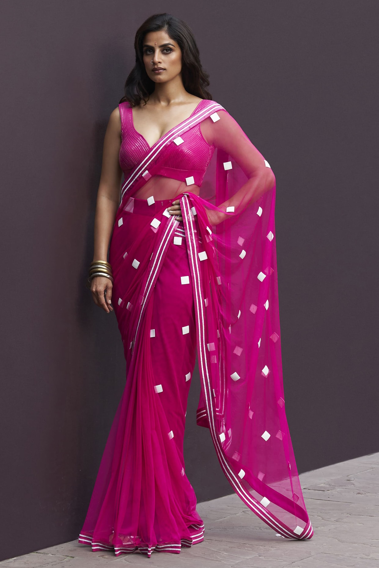 Sameer Madan Hot Pink Tulle & Net Applique Embroidered Draped Saree Set