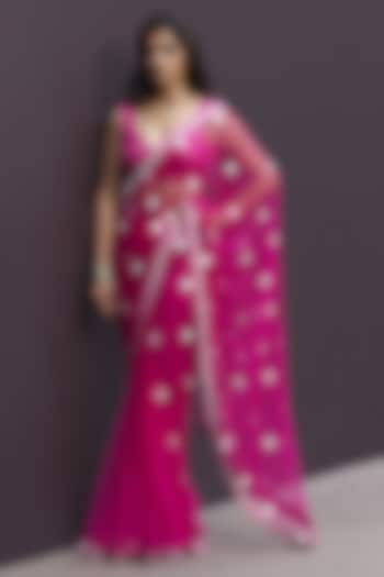 Hot Pink Tulle & Net Applique Embroidered Draped Wedding Saree Set by Sameer Madan at Pernia's Pop Up Shop