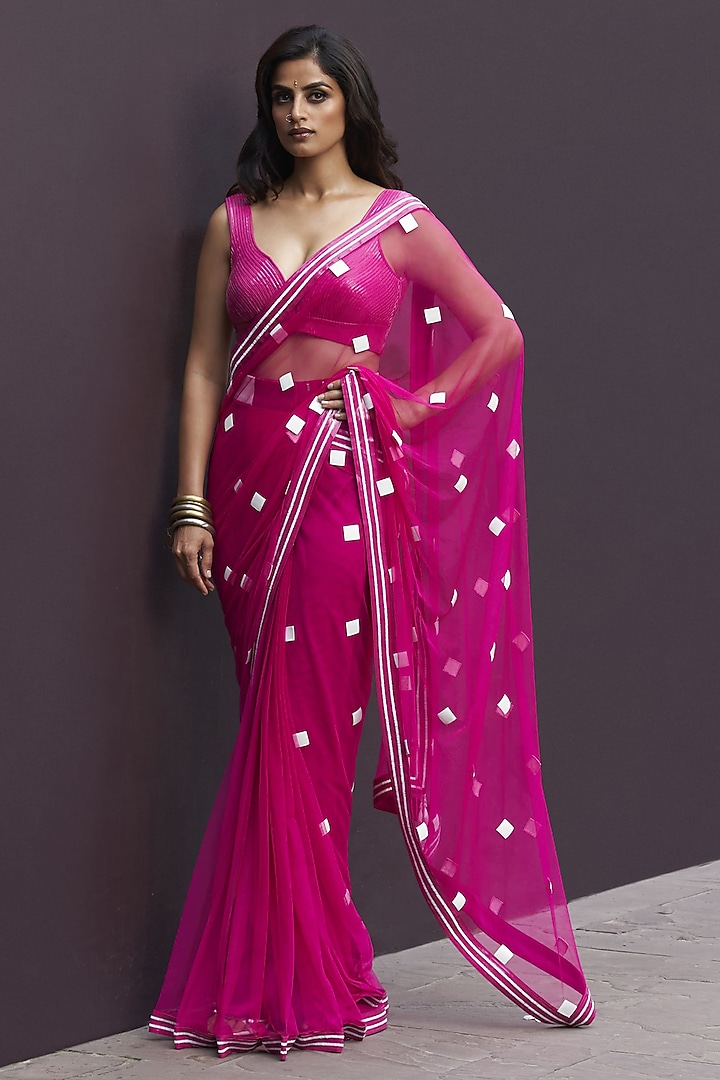 Hot Pink Tulle & Net Applique Embroidered Draped Wedding Saree Set by Sameer Madan at Pernia's Pop Up Shop