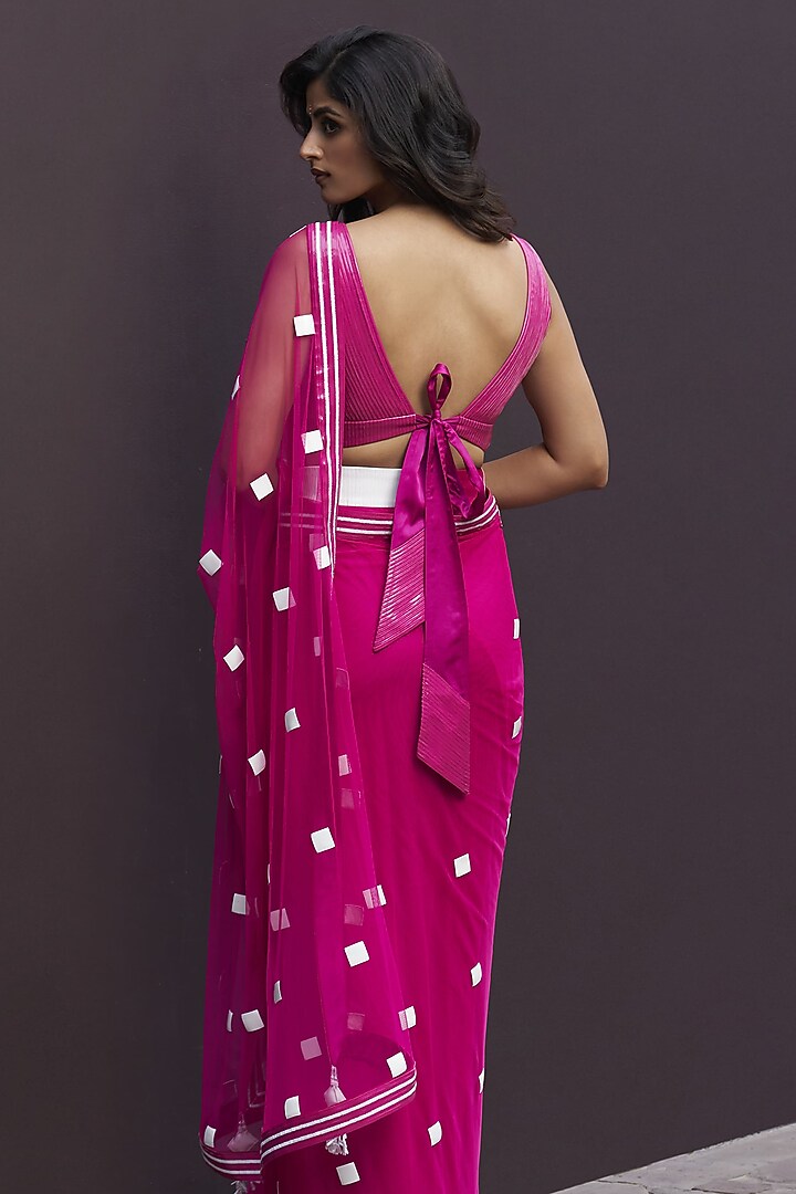 Hot Pink Tulle & Net Applique Embroidered Draped Wedding Saree Set by Sameer Madan at Pernia's Pop Up Shop