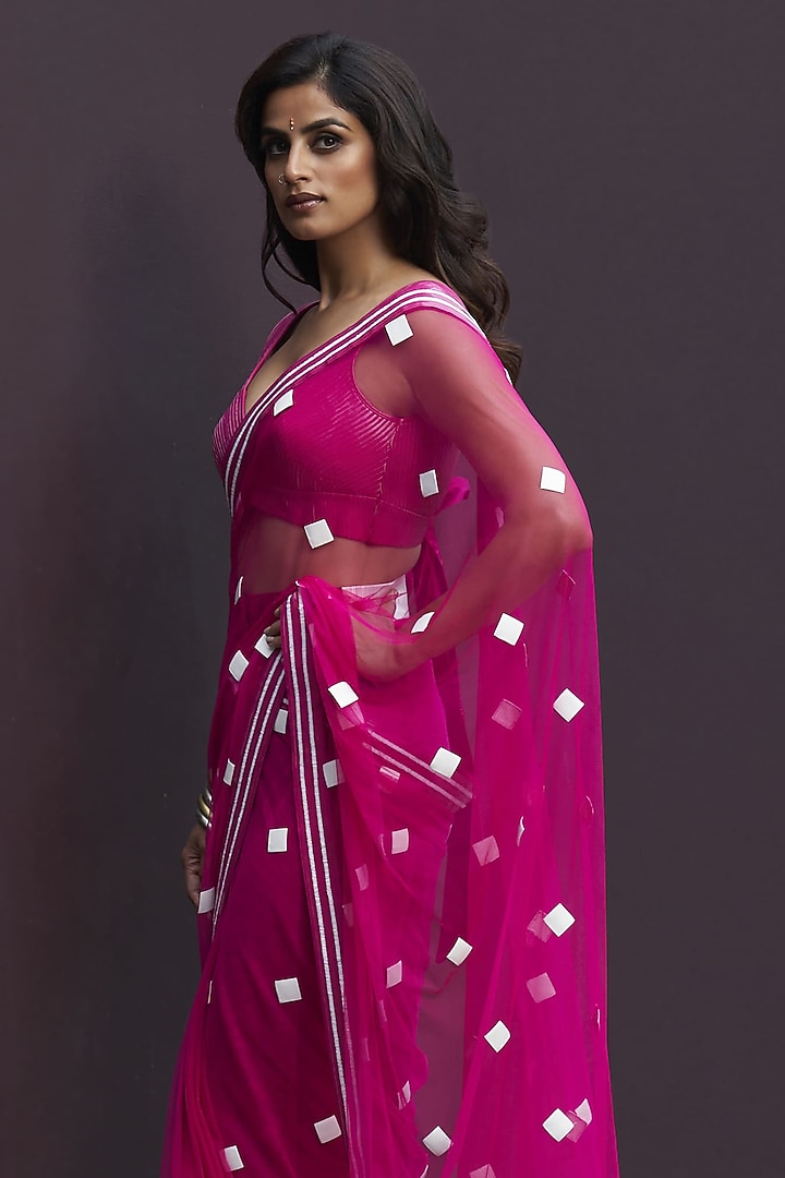 Hot Pink Tulle & Net Applique Embroidered Draped Wedding Saree Set by Sameer Madan at Pernia's Pop Up Shop