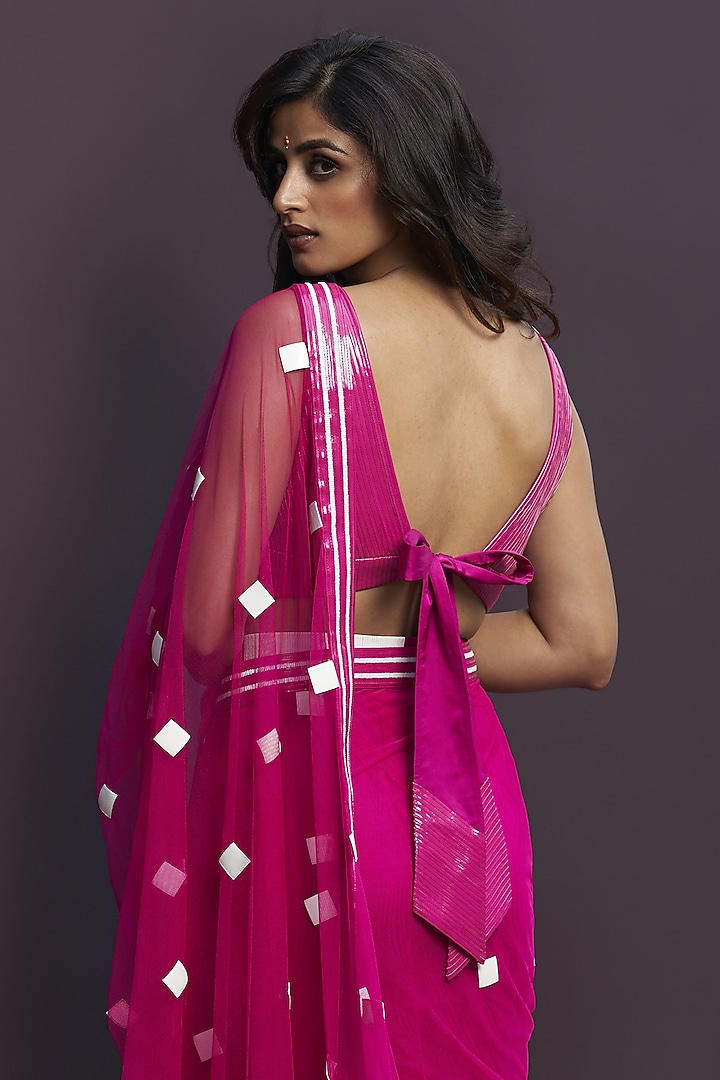 Hot Pink Tulle & Net Applique Embroidered Draped Wedding Saree Set by Sameer Madan at Pernia's Pop Up Shop