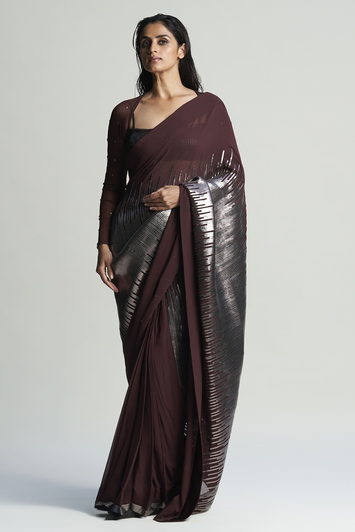 Sameer Madan Chocolate Brown Georgette & Faux Leather Draped Saree Set