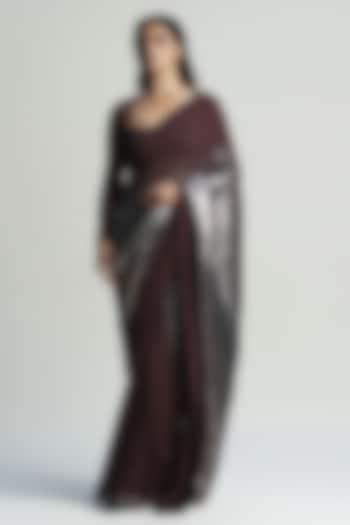 Chocolate Brown Georgette & Faux Leather Draped Reception Saree Set by Sameer Madan at Pernia's Pop Up Shop