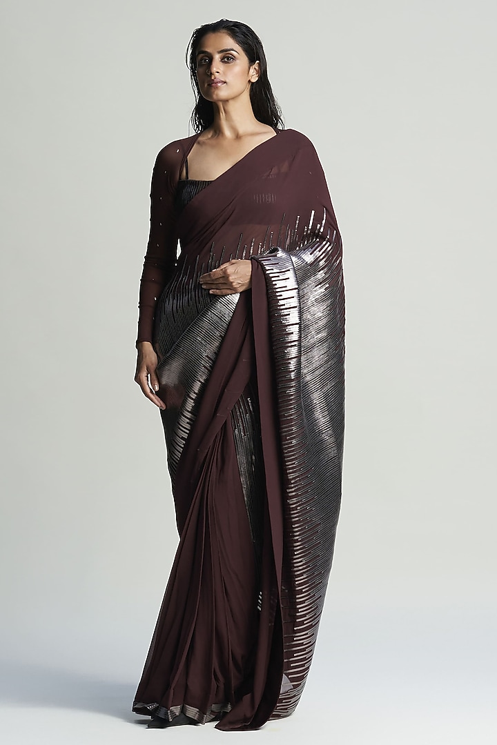 Chocolate Brown Georgette & Faux Leather Draped Reception Saree Set by Sameer Madan at Pernia's Pop Up Shop