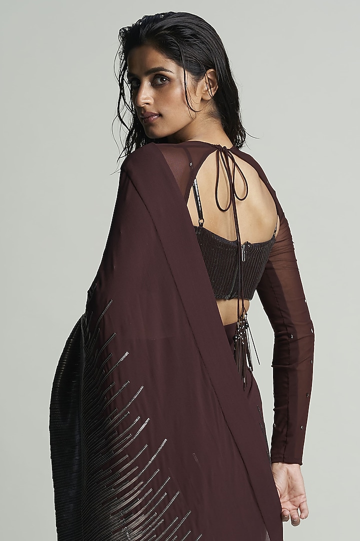 Chocolate Brown Georgette & Faux Leather Draped Reception Saree Set by Sameer Madan at Pernia's Pop Up Shop