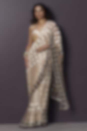 Almond-Colored Ombre Tulle Applique Embroidered Draped Reception Saree Set by Sameer Madan at Pernia's Pop Up Shop