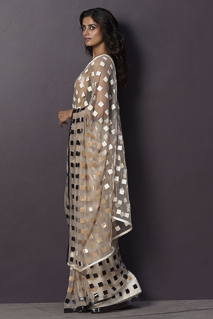 Almond-Colored Ombre Tulle Applique Embroidered Draped Reception Saree Set by Sameer Madan at Pernia's Pop Up Shop