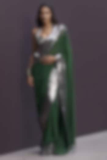 Green & Gunmetal Grey Georgette Draped Reception Saree Set by Sameer Madan at Pernia's Pop Up Shop