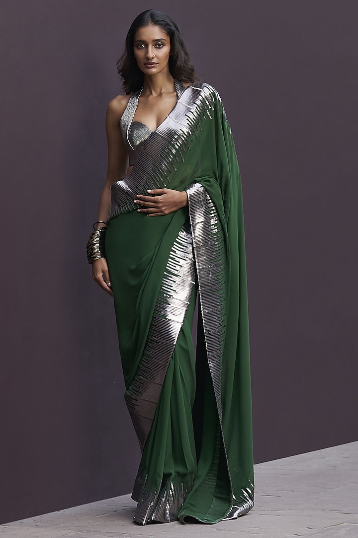 Green & Gunmetal Grey Georgette Draped Reception Saree Set by Sameer Madan at Pernia's Pop Up Shop