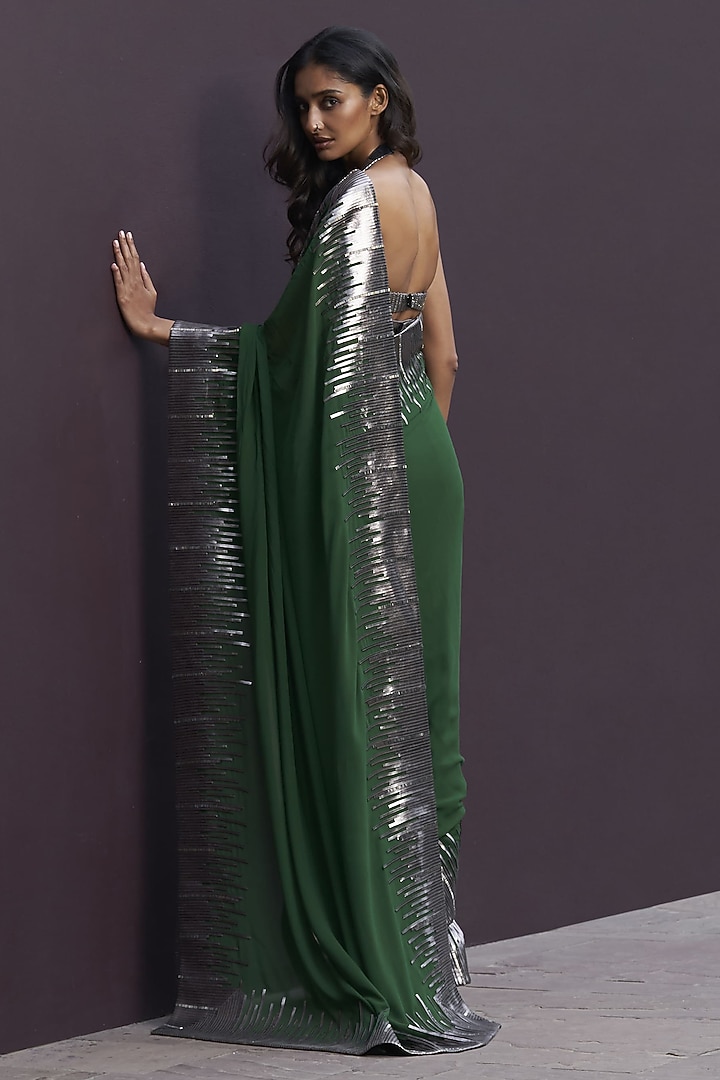 Green & Gunmetal Grey Georgette Draped Reception Saree Set by Sameer Madan at Pernia's Pop Up Shop